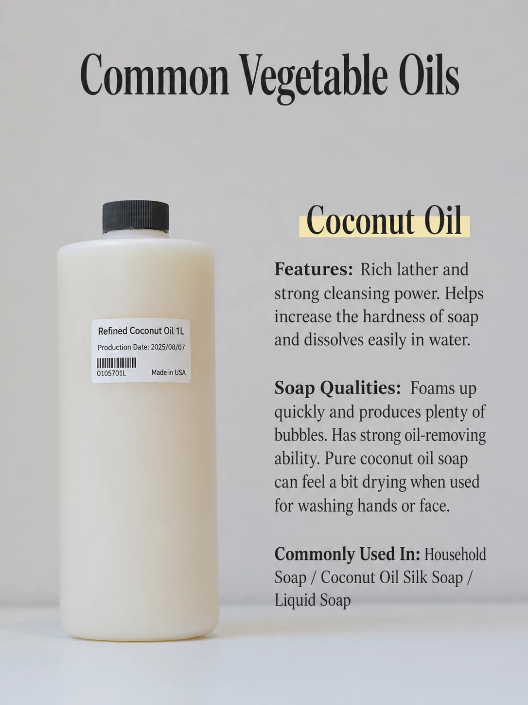 Coconut oil bottle used to create bubbly lather in handmade soap