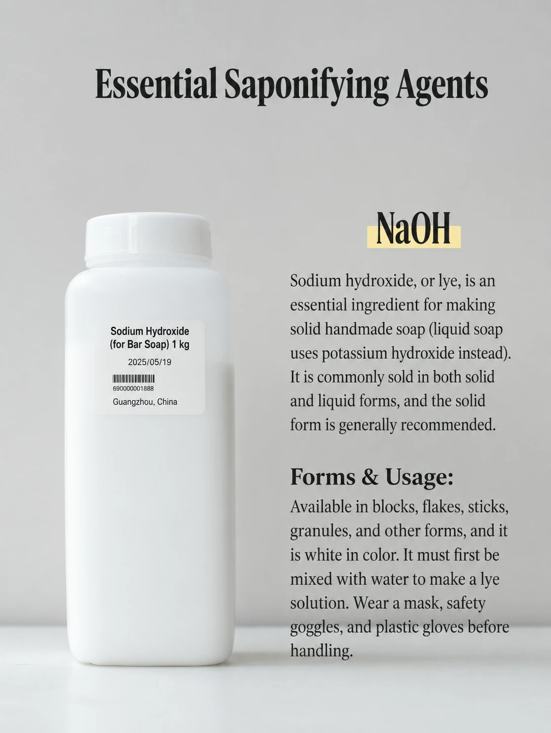 Sodium hydroxide container used as lye for solid handmade soap