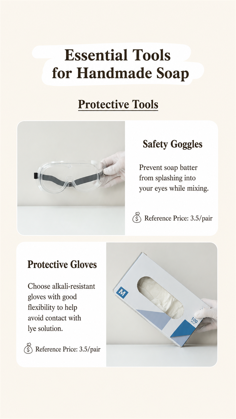 Safety goggles and chemical-resistant rubber gloves for beginner soap making with lye