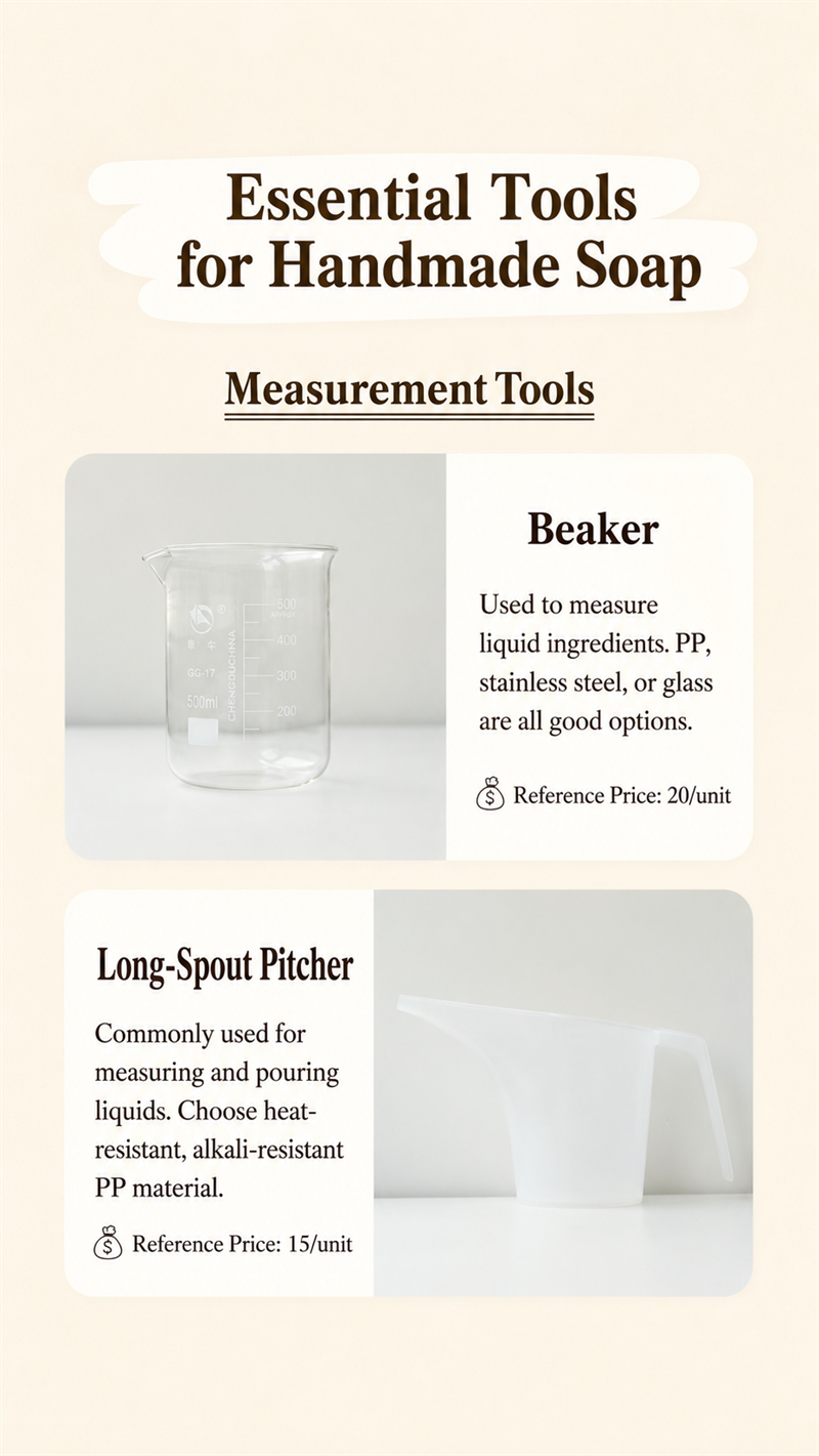 Measuring cups and long-spout pouring cups for soap making