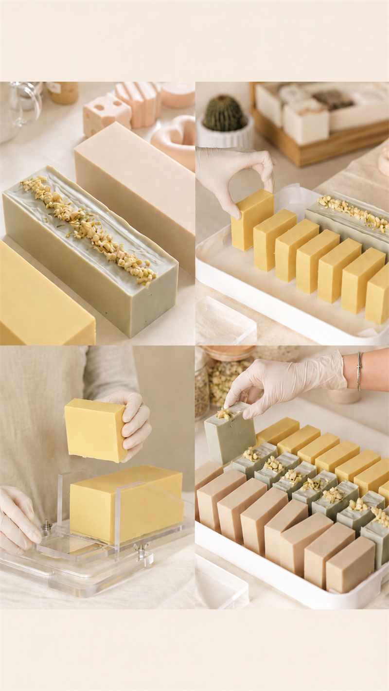 Finished handmade soap bars showcasing various colors, shapes, and textures