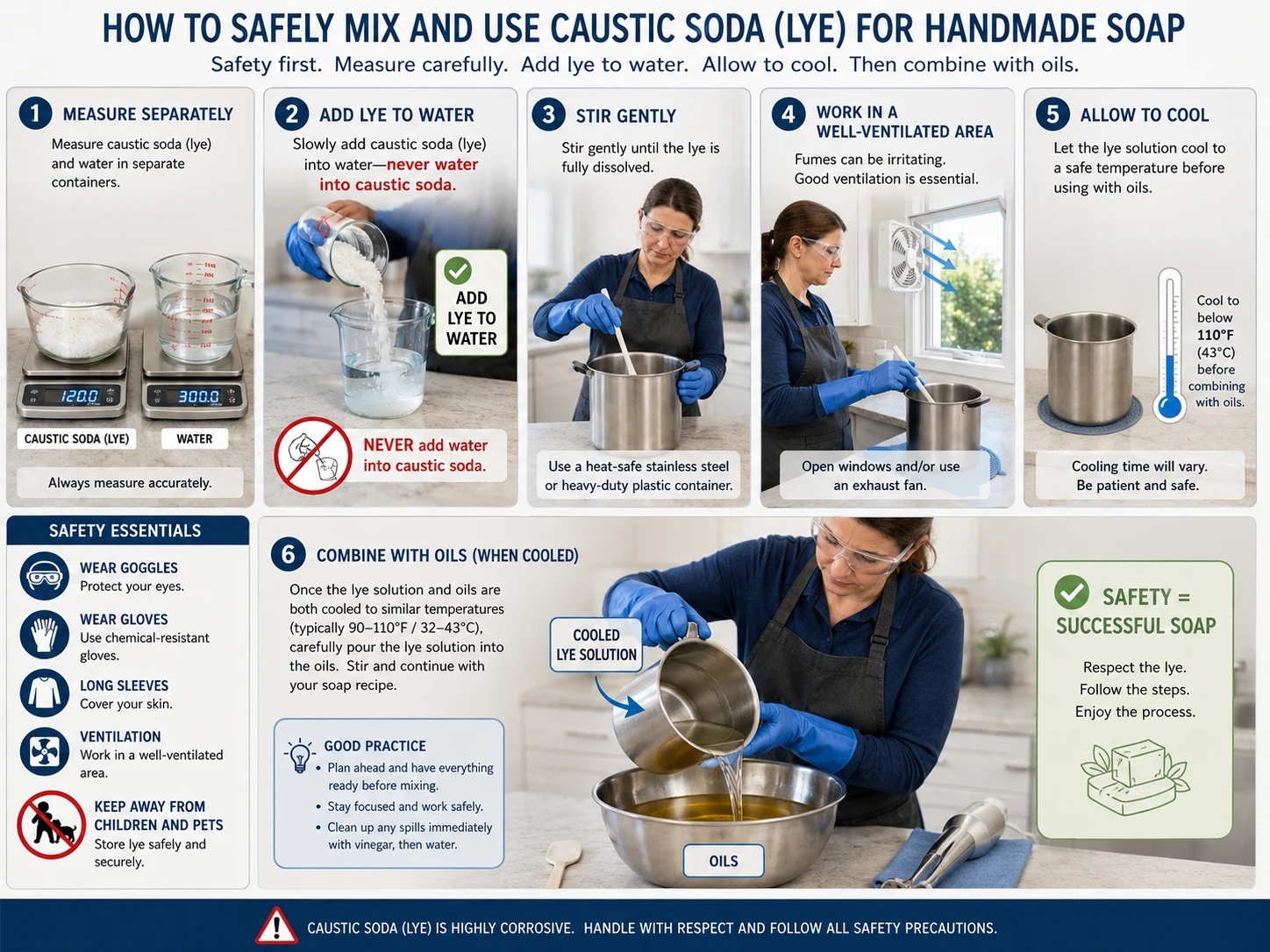 Safe lye mixing workspace with heat-resistant container, digital scale, thermometer, and protective gloves for handmade soap