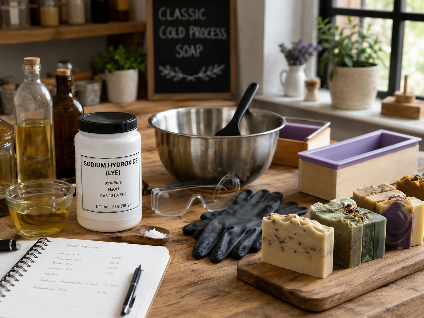 Complete lye safety setup with protective gear, mixing containers, and sodium hydroxide for handmade soap making