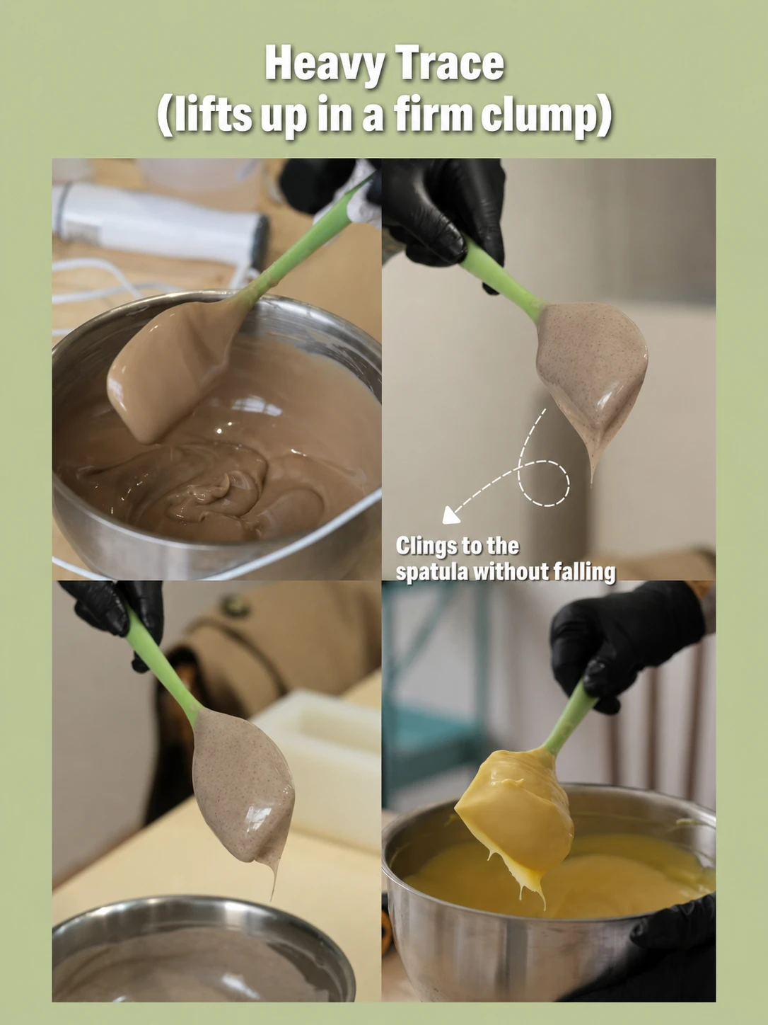 Heavy trace soap batter lifting up in a firm clump — ready for sculpted tops and spoon plops