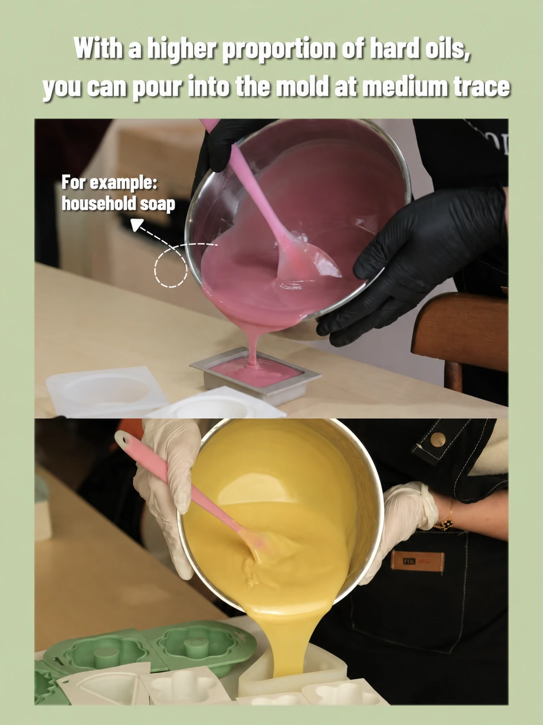 Soap batter at medium trace being poured into a mold — higher proportion of hard oils allows pouring before excessive thickening