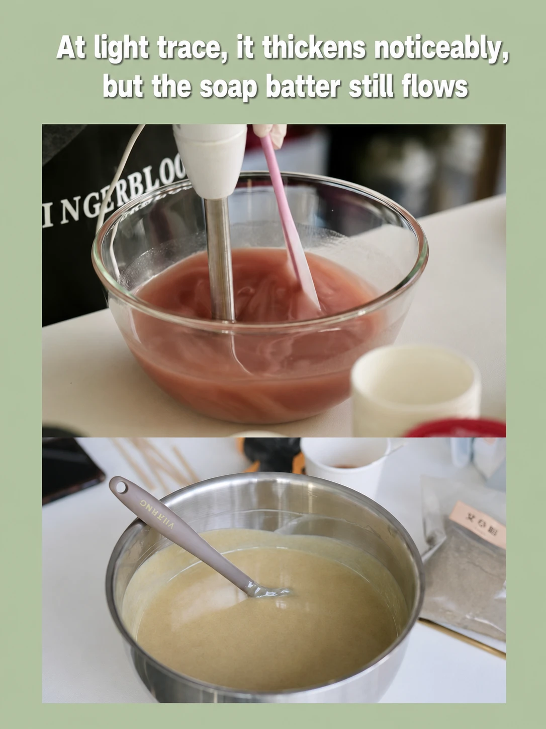 Medium trace soap batter — trails hold visible ribbons on the surface for a few seconds